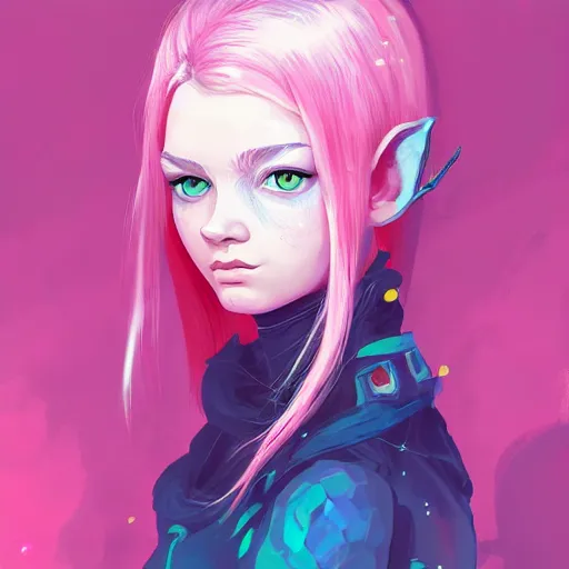 Image similar to girl portrait, elven warrior princess, head and shoulders, matte print, pastel pink, neon highlights, digital art, cute freckles, digital painting, fan art, elegant, pixiv, by Ilya Kuvshinov, daily deviation, IAMAG