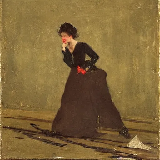 Prompt: actress rehearsing an action scene on stage by alfred stevens