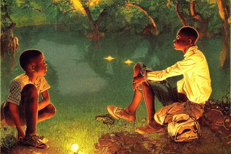 Image similar to a scenic view of a black boy talking to a phatom in the middle of a magical forest with glow-worm lights near a lake, detailed, cinematic, dramatic scene, retro illustration by Norman Rockwell.