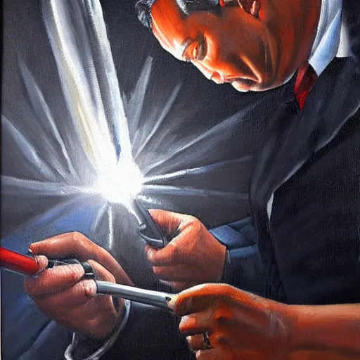 Image similar to viktor orban welding, oil painting