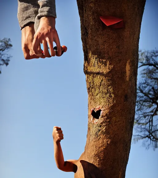 Image similar to an anthropomorphic tree giving a thumbs up while bouldering, sports photography.