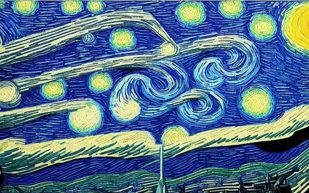 Prompt: star wars logo in the sky of the starry night by van gogh high details