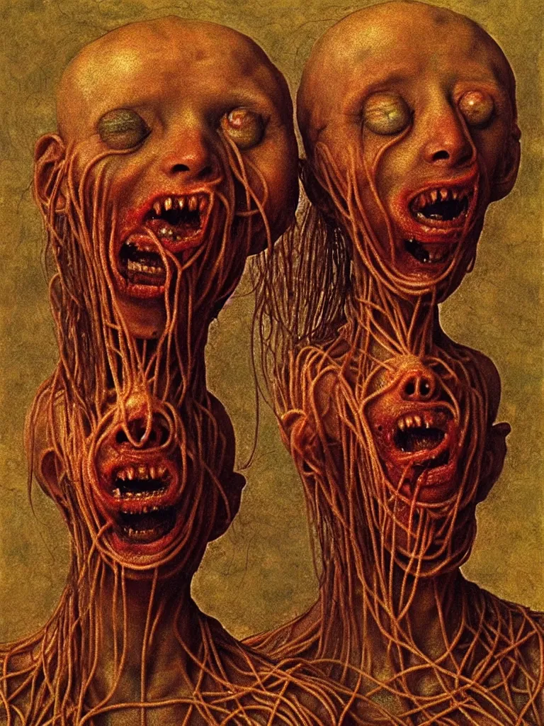 Prompt: siamese twins made of spaghetti, looking straight into camera, screaming in agony, 1 9 4 0 s, by giuseppe arcimboldo and ambrosius benson, renaissance, intricate and intense oil paint, a touch of beksinski and hr giger and edward munch, realistic