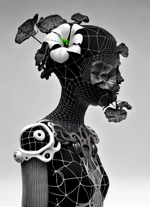 Prompt: black and white 3 d octane render, biomechanical beautiful young female cyborg with a porcelain profile face, analog, big leaves foliage and stems, morning glory flowers, hibiscus flowers, boho floral vines, hexagonal mesh fine wire, monochrome, sinuous fine roots, styled by alexander mcqueen, art nouveau fashion embroidered, steampunk, mandelbrot fractal