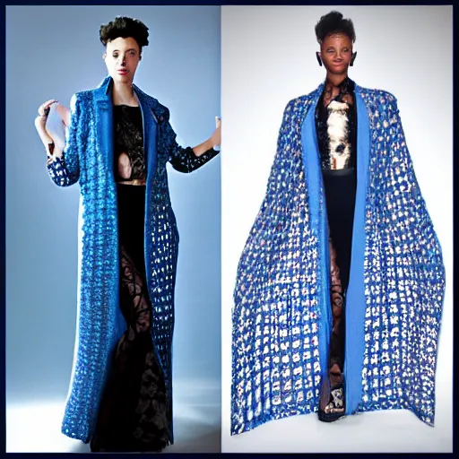 Image similar to fashion 2 0 5 0 fantastic openwork long coat with intricate pattern on a beautiful symmetrical girl with blue hair, hyper realistic photos