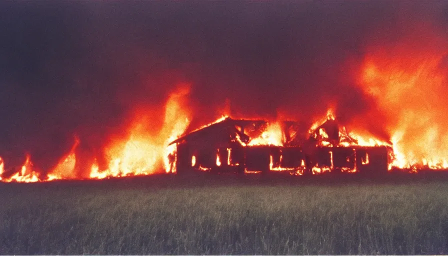 Image similar to 1 9 7 0 s movie still of a burning northern french house in a field, cinestill 8 0 0 t 3 5 mm, high quality, heavy grain, high detail, texture, dramatic light, ultra wide lens, panoramic anamorphic, hyperrealistic