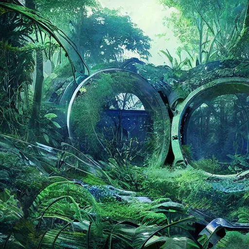 Prompt: stairs leading to a derelict portal in a middle of a lush futuristic forest, alien world seen through a portal, daylight, cinematic lighting, blue sky, syd mead, john harris