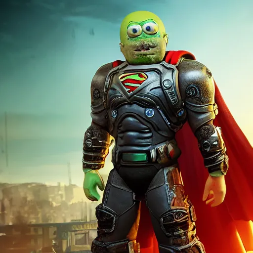 Image similar to pickle rick as superman! in gears of war, splash art, movie still, detailed face, photorealistic facial features, cinematic lighting, dramatic, octane render, long lens, shallow depth of field, bokeh, anamorphic lens flare, 8 k, hyper detailed, 3 5 mm film grain