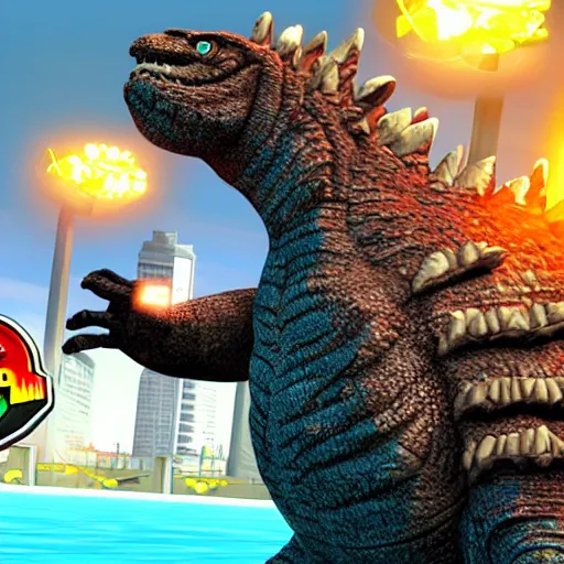 Image similar to Godzilla as a playable character in Subway Surfers, in-game screenshot