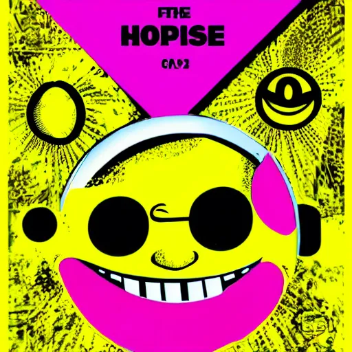 Image similar to acid house rave flyer, poster, smiley face, florescent yellow and black