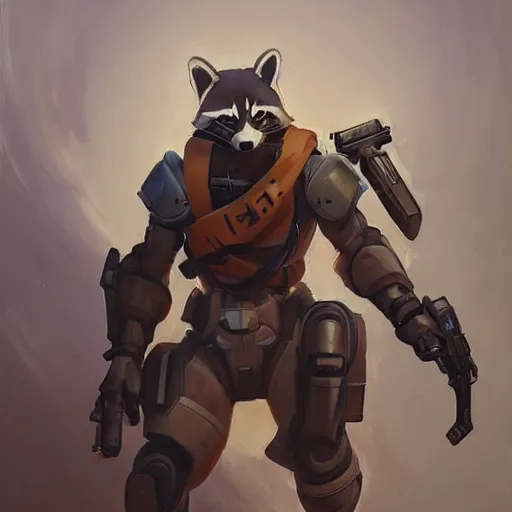 Image similar to greg manchess portrait painting of armored rocket raccoon as overwatch character, medium shot, asymmetrical, profile picture, organic painting, sunny day, matte painting, bold shapes, hard edges, street art, trending on artstation, by huang guangjian and gil elvgren and sachin teng