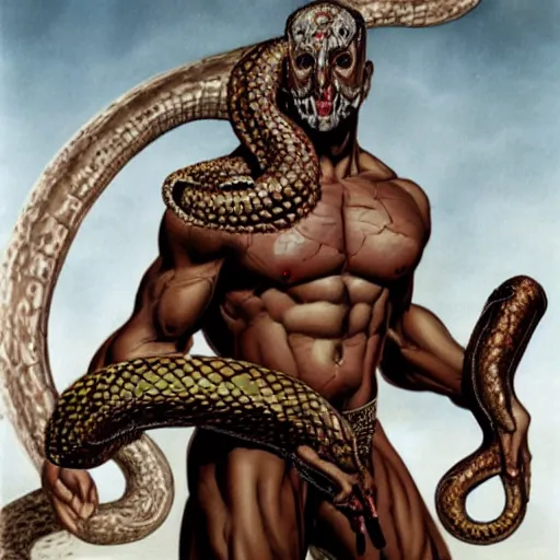 Image similar to serpent - man berlusconi warlord wearing bronze age clothing, bodybuilder snake, anatomical, horrific background symmetrical, zoom out, high quality, high definition, 8 k, photograph photorealistic by frank frazetta