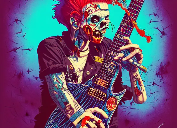 Image similar to a zombie punk rocker with a mohawk playing electric guitar, tristan eaton, victo ngai, artgerm, rhads, ross draws, rule of thirds by francis tneh