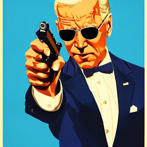 Image similar to propaganda poster of joe biden pointing gun directly at camera in james bond mobie, closeup of gun, visible barrel and grip by j. c. leyendecker, bosch, lisa frank, jon mcnaughton, and beksinski