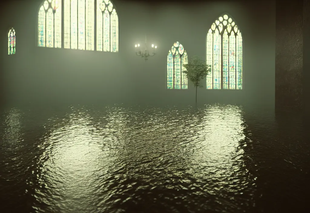 Image similar to kodak portra 4 0 0 photographic and realistic, interior cathedral, detailed, octane render, unreal engine, 8 k, artstation, hyper realistic, wide angle, floor flooded how a lake, hole objects that float, 3 5 mm, sharp focus, soft light, epic volumetric light fog, in the style of gregory crewdson