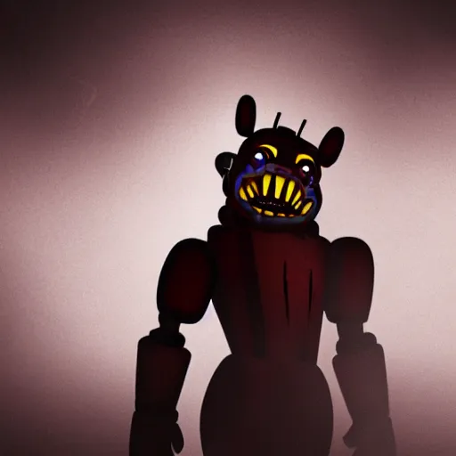 Image similar to portrait, bonnie, FNAF, game screenshot, jumpscare, dramatic lighting, bloody, cinematic, fog, establishing shot, action shot, dynamic pose, running down the hallway, creepy ambience