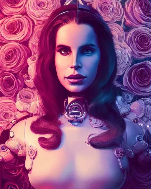 Image similar to portrait of lana del rey as a cyborg. intricate abstract. roses. intricate artwork. by tooth wu, wlop, beeple, dan mumford. octane render, trending on artstation, greg rutkowski very coherent symmetrical artwork. cinematic, key art, hyper realism, high detail, octane render, 8 k, iridescent accents