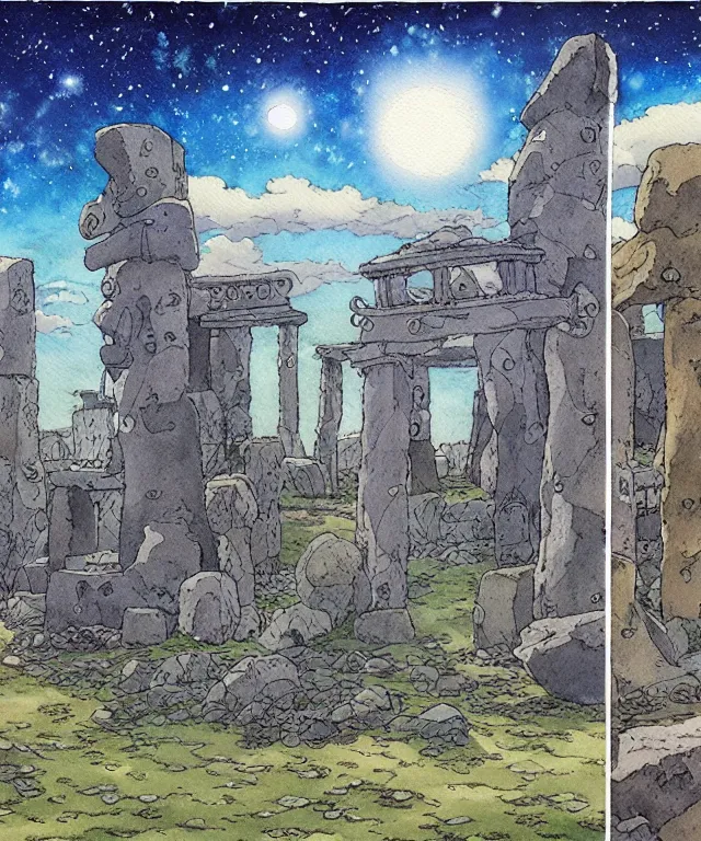 Image similar to a hyperrealist studio ghibli watercolor fantasy concept art. in the foreground is a giant grey octopus building and putting stones in to place on top of stonehenge with a starry sky. by rebecca guay, michael kaluta, charles vess