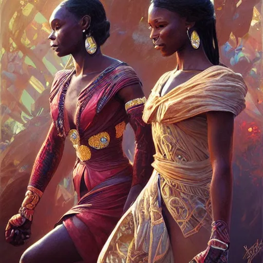 Image similar to three beautiful Zulu holding hands , intricate, elegant, highly detailed, digital painting, artstation, concept art, smooth, sharp, focus, illustration, art by artgerm and greg rutkowski and alphonse mucha