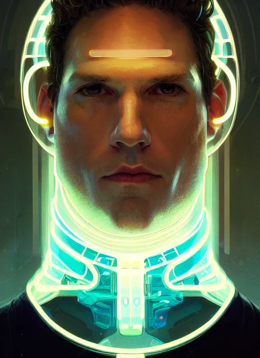 Image similar to symmetry!! portrait of glenn howerton, sci - fi, tech wear, glowing lights!! intricate, elegant, highly detailed, digital painting, artstation, concept art, smooth, sharp focus, illustration, art by artgerm and greg rutkowski and alphonse mucha