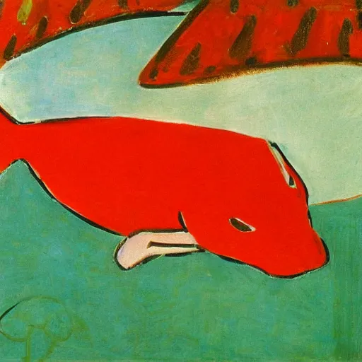 Image similar to dog with red fishes, by matisse, oil on canvas