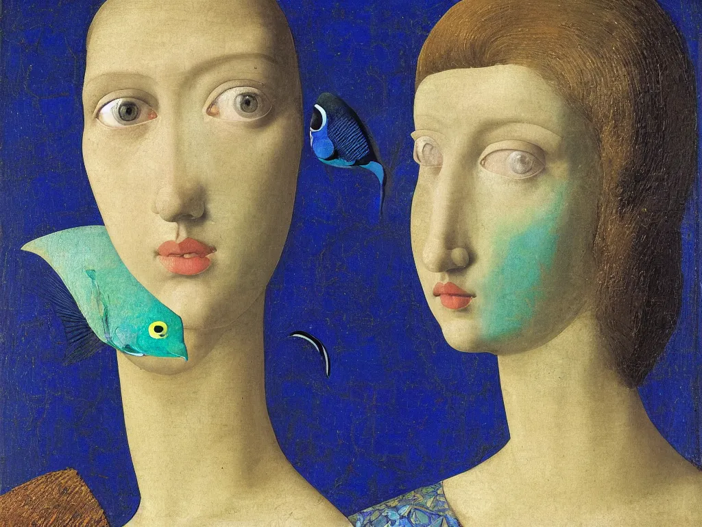 Prompt: portrait of a woman head with close up exotic blue - faced angelfish fish. lapis lazuli, malachite, cinnabar, gold. painting by piero della francesca, balthus, agnes pelton