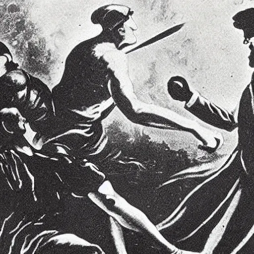 Image similar to a close - up old black and white photo, 1 9 1 3, depicting isaac newton fighting gottfried leibnitz in an ally of new york city, rule of thirds, historical record