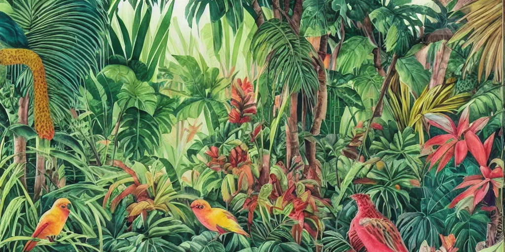 Image similar to watercolour of a tropical scenery of a jungle with multicoloured birds and plants. detailed. beautiful. stunning. high art. h 7 6 8