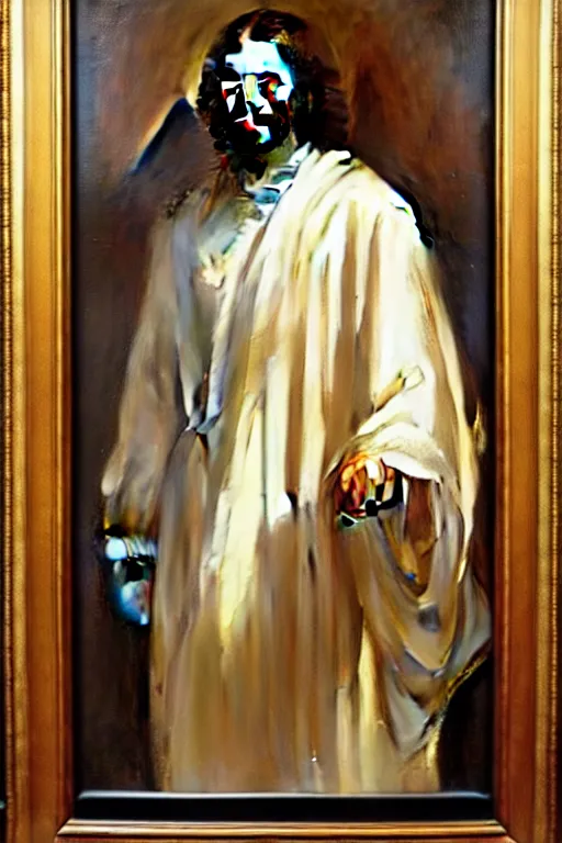 Image similar to leyendecker and solomon joseph solomon and richard schmid and jeremy lipking victorian loose genre loose painting full length portrait painting of jesus