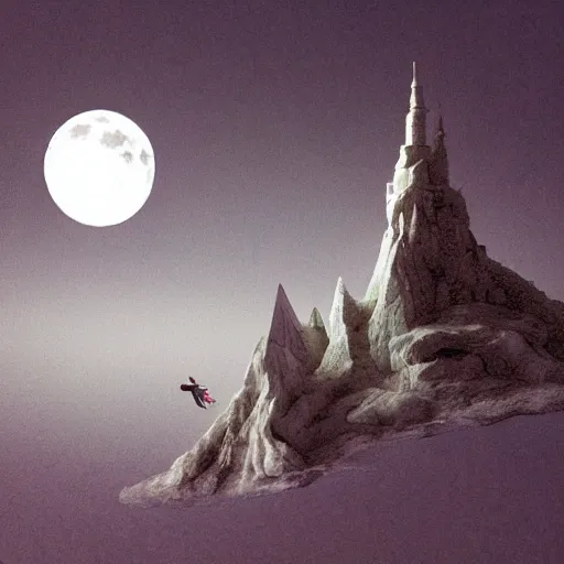 Image similar to full moon, travel upwards, flying, figurines, tilt shift, physical, style of 3 d, occlusion, white clay, style of dave mckean, style of shuzo oshimi, style of will eisner, full of color, on white, smooth, thin sharp lines, detailed, octane render