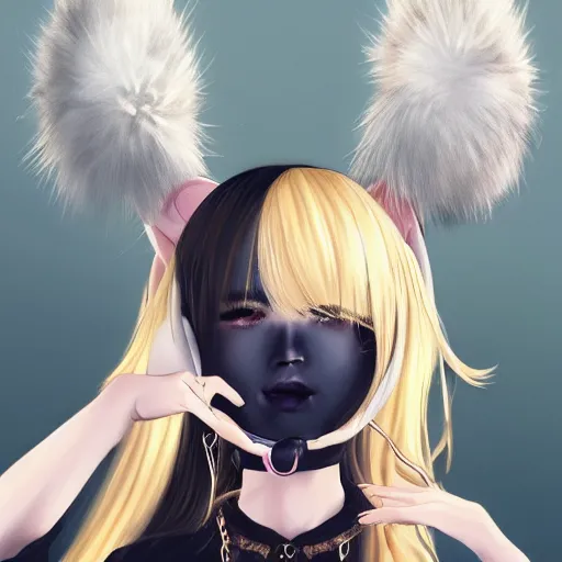 Image similar to realistic beautiful gorgeous natural cute Blackpink Lalisa Manoban blonde hair cute fur blonde cat ears, wearing summer outfit, wearing headphones, wearing black leather choker artwork drawn full HD 4K highest quality in artstyle by professional artists WLOP, Taejune Kim, Guweiz on Artstation Pixiv