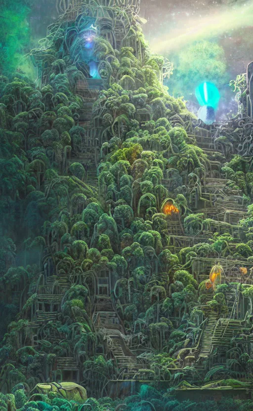 Image similar to microscopic tardigrade, microbiology, magical forest, ruins, civilization, vegetation, mayan temple, futuristic, sharp focus, electric, backlight, furry, soft, concept art, intricate details, highly detailed, photorealistic, disney pixar, james gilleard, moebius, print, iridescent, global illumination, anime, game art