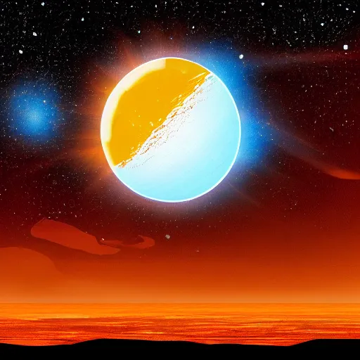 Image similar to orange and blue alien planet landscape with a solar eclipse in the sky, comic book picture