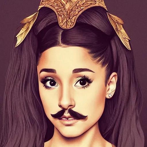 Image similar to Ariana Grande with a mustache, intricate, mustche, elegant, hairy mustache, highly detailed, Chevron stache, centered, digital painting, artstation, Walrus mustache, concept art, smooth, sharp focus, illustration, art by artgerm and H R Giger and alphonse mucha