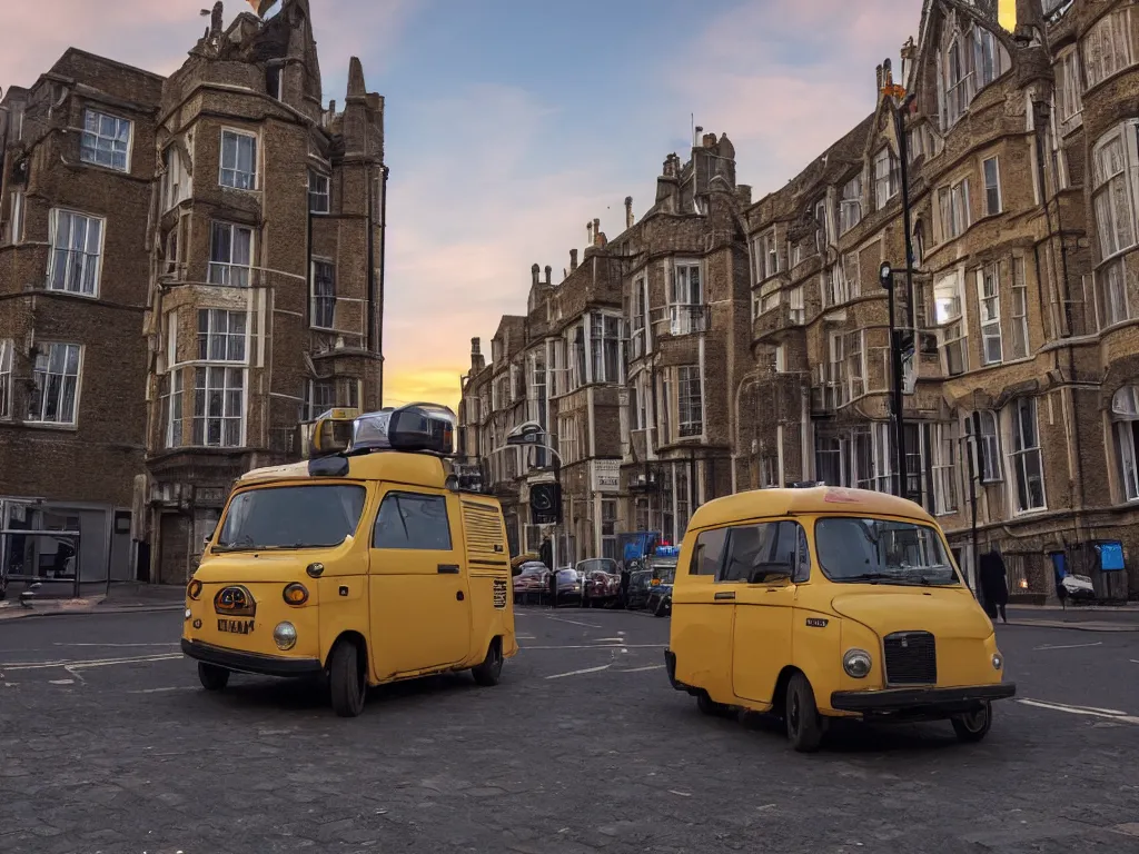 Prompt: modern dyanmic Del Boy\'s three wheeled van parked in london street, low view looking up, small angle, beautiful sunset, unreal engine