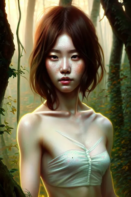 Image similar to beautiful digital painting of a hoyeon jung stylish female forest with high detail, real life skin, freckles, 8 k, stunning detail, works by artgerm, greg rutkowski and alphonse mucha, unreal engine 5, 4 k uhd