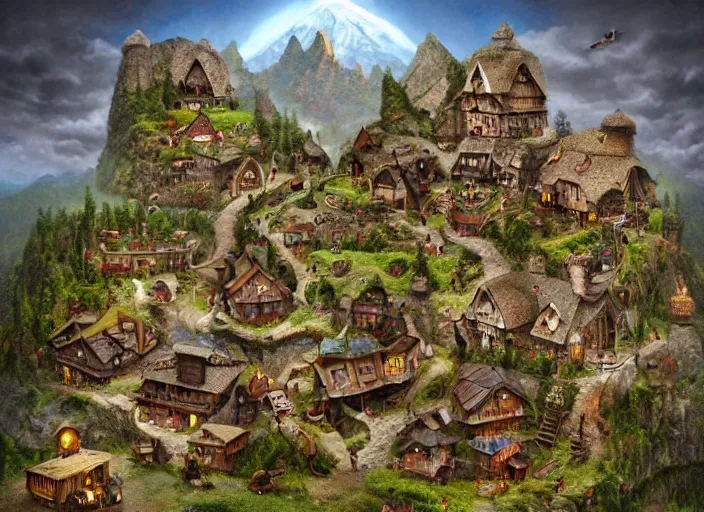 Prompt: dwarf - village built into a mountain, lowbrow, matte painting, 3 d highly detailed, in the style of mark ryden,