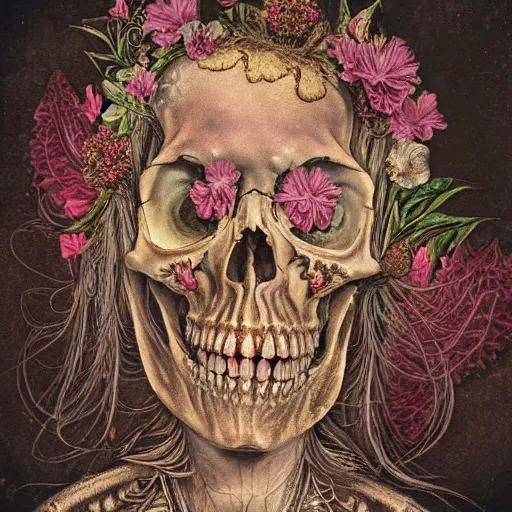 Image similar to a beautiful detailed front view baroque portrait of a rotten woman corpse becoming almost a skull with fractal plants and fractal flowers and mushrooms growing around, intricate, ornate, volumetric light, beautiful lit, polaroid photography