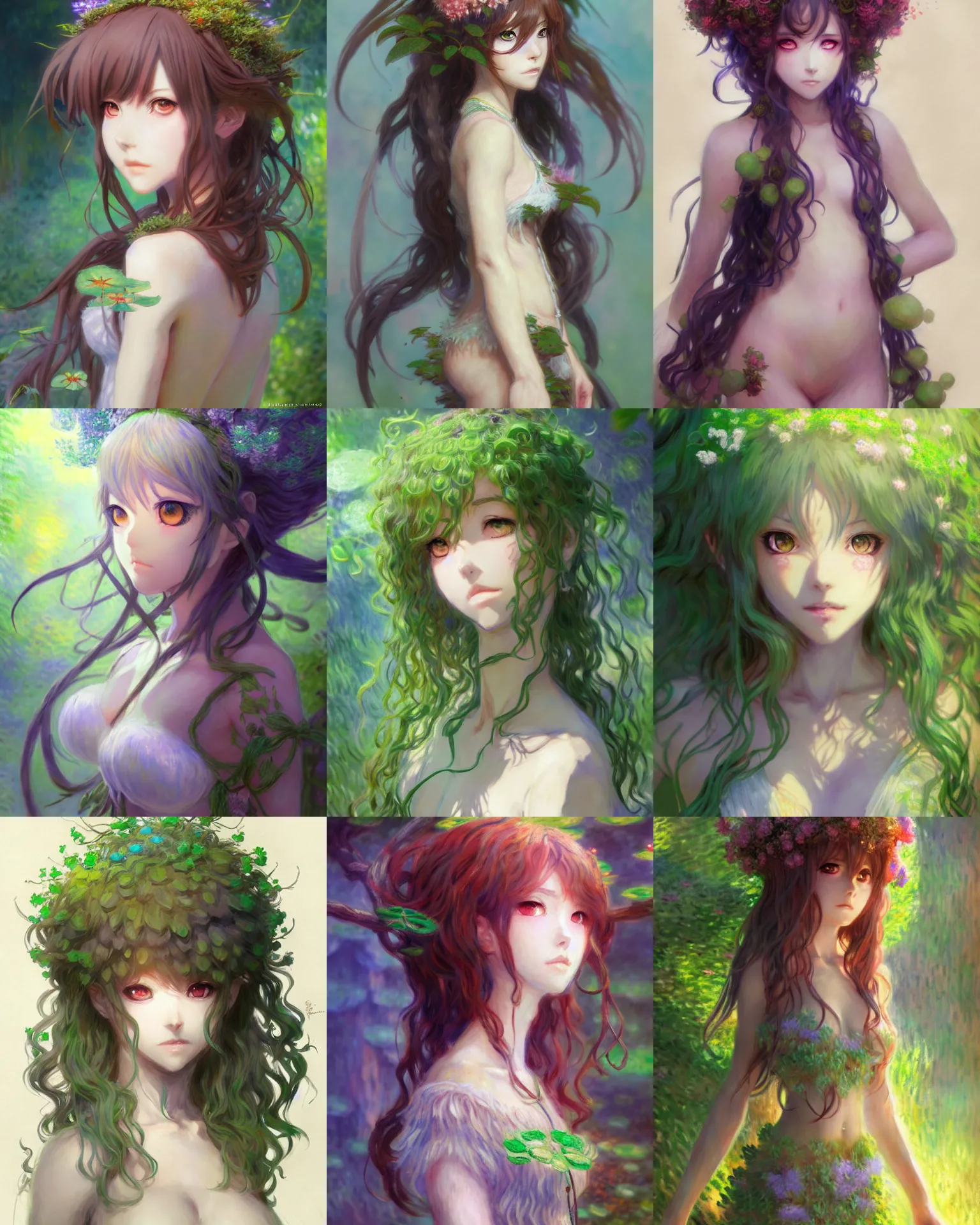 Prompt: monet character concept art of an anime dryad | | cute - fine - face, pretty face, realistic shaded perfect face, fine details by stanley artgerm lau, wlop, rossdraws, james jean, andrei riabovitchev, marc simonetti, and sakimichan, tranding on artstation