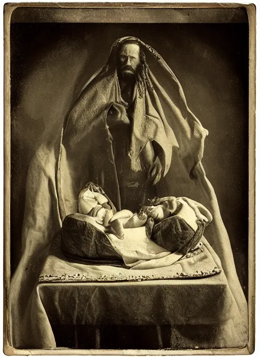 Image similar to old wetplate daguerreotype portrait of birth of jezus, explosion of data fragments, fractal, intricate, elegant, highly detailed, parallax, leica, medium format, subsurface scattering, by jheronimus bosch and greg rutkowski and louis jacques mande daguerre