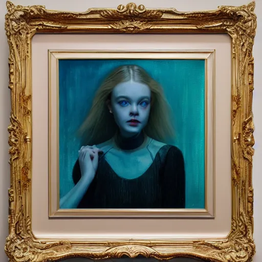 Image similar to Elle Fanning wearing a teal baclava in the style of Paola Vetri, head and shoulders portrait, stormy weather, extremely detailed masterpiece, oil on canvas, low-key neon lighting, artstation, Blade Runner 2049, Roger Deakin’s cinematography, by J. C. Leyendecker and Peter Paul Rubens and Edward Hopper and Michael Sowa,