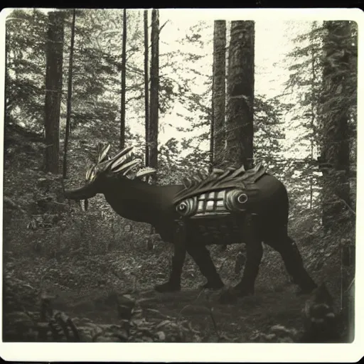 Image similar to polaroid photo of a unicron! in a forest in the 1 9 6 0 s