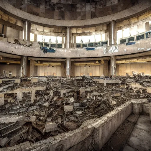 Prompt: interior of the israeli parliament in ruins, post - apocalyptic, high quality, concept art