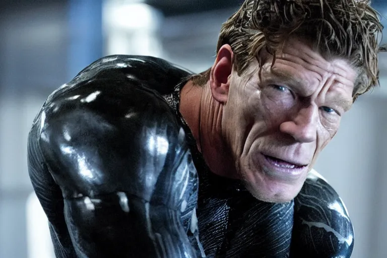 Image similar to film still of Thomas Haden Church as Eddie Brock wearing Venom costume without headpiece in Spider-man 3 2007, 4k