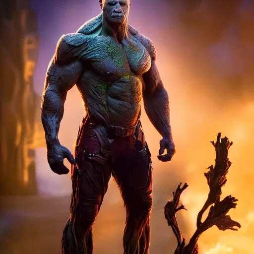 Image similar to first shot of the rock as groot in new guardians of the galaxy, ( eos 5 ds r, iso 1 0 0, f / 8, 1 / 1 2 5, 8 4 mm, postprocessed, crisp face, facial features )