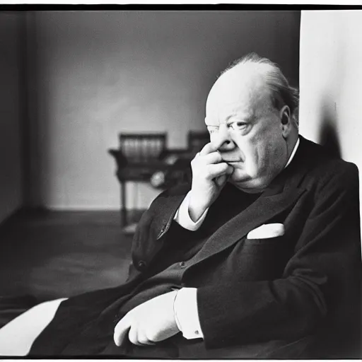 Prompt: a portrait of winston churchill being more hungover than he has ever been before. by arnold newman.