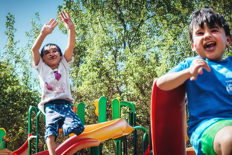 Prompt: photo of grogu going down a slide at a children’s playground, his arms are in the air and he’s smiling, shallow depth of field, Nikon 50mm f/1.8G,