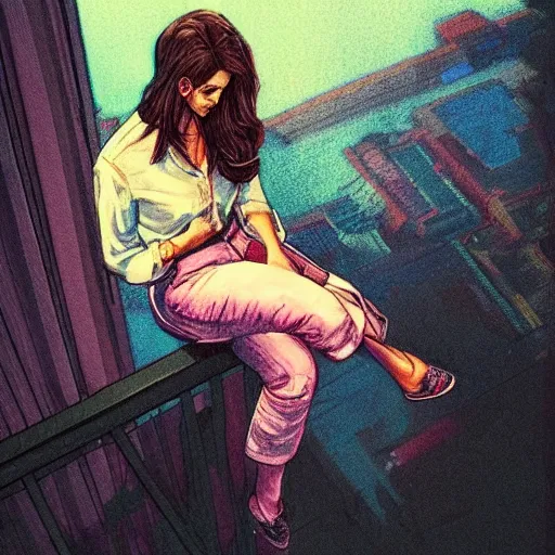 Image similar to a beautiful artwork of a woman in jeans and a white shirt sitting on the balcony of a hotel at night, top view, neon and rainy theme atmosphere by Jerome Opeña, featured on artstation