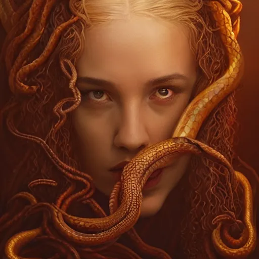 Image similar to Mythical petrifying Medusa with real swirling snakes for hair portrait, atmospheric lighting, painted, intricate, volumetric lighting, beautiful, rich deep colors masterpiece, golden hour, sharp focus, ultra detailed, by Leesha Hannigan, Ross Tran, Thierry Doizon, Kai Carpenter,Ignacio Fernández Ríos