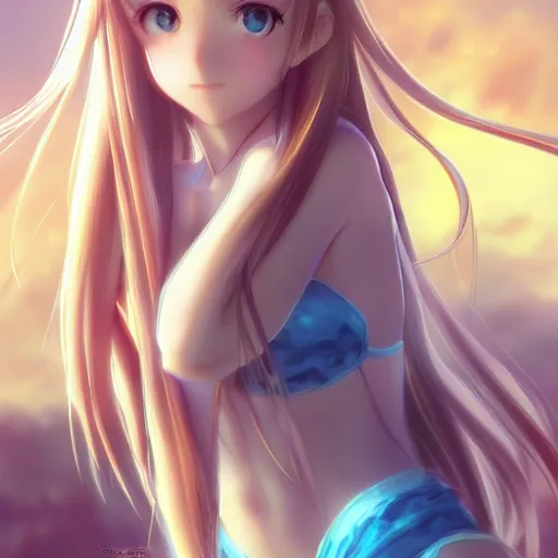 Image similar to a very beautiful young yuuki asuna, full body, long wavy blond hair, sky blue eyes, full round face,, bikini, miniskirt, front shot, highly detailed, cinematic wallpaper by stanley artgerm lau